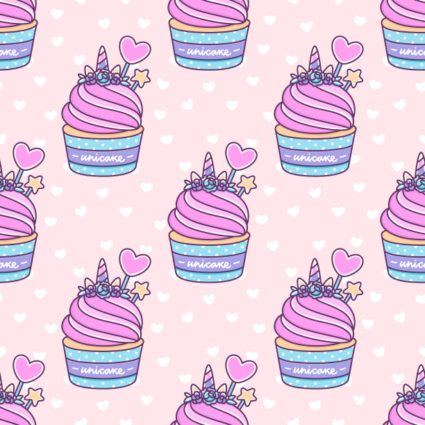 无缝图案与可爱的独角兽纸杯蛋糕在粉红色的背景与白色的心。独角兽是一种有趣的文字游戏独角兽和蛋糕。可用于包装、包装纸、纺织品等。图片下载