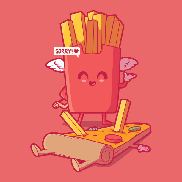 炸薯条和披萨片字符矢量插图。图片下载