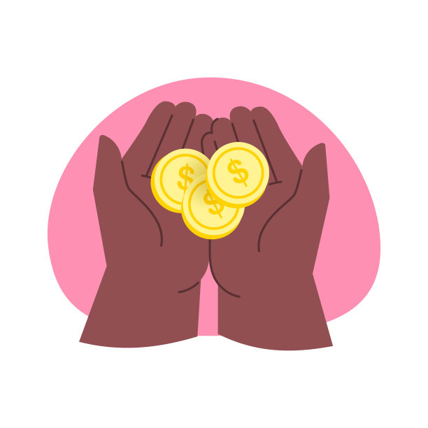 女性张开手掌握着金元硬币。简单的平面矢量说明金融，商业和银行。拿着钱去做慈善，捐赠或者买彩票。图片下载