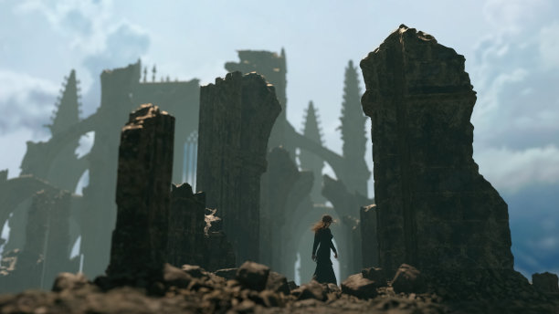 一个红头发的女人，穿着黑色的裙子，走在一个雾蒙蒙的古老的破旧的教堂里。3 d渲染。图片下载