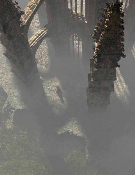 一个红头发的女人，穿着黑色的裙子，走在一个雾蒙蒙的古老的破旧的教堂里。天线。3 d渲染。图片下载