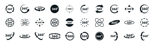 360度视图向量图标设置。带有箭头的标志表示360度旋转或全景。虚拟现实图标。旋转孤立在白色背景中的符号。矢量图图片下载