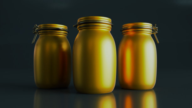 现实的金色清楚的瓶子在黑暗的背景，空玻璃罐图片下载