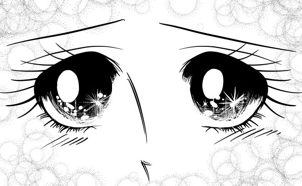 70年代的shoujo man一幅白色的黑色插画，画的是一个长着一双大眼睛的女孩，她凝视着眼睛闪闪发光的爱人。图片下载