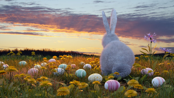 复活节兔子兔子装饰蛋在春天草地夕阳光和花卉3D插图素材图片