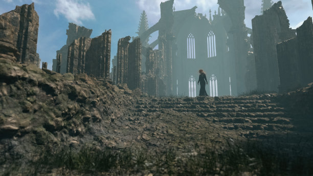 一个红头发的女人，穿着黑色的裙子，走在一个雾蒙蒙的古老的破旧的教堂里。3 d渲染。图片下载