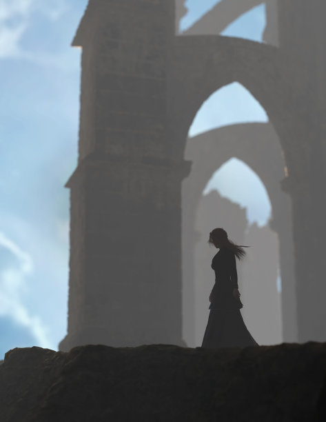 一个留着长发，身着黑色长裙的女人走在一座迷雾缭绕的古老破败的大教堂里。3 d渲染。图片下载