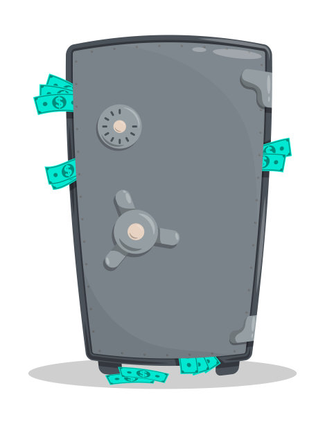 卡通银行保险箱，用来存放钱和珠宝，里面装满了钱。白色背景上的矢量隔离图片下载