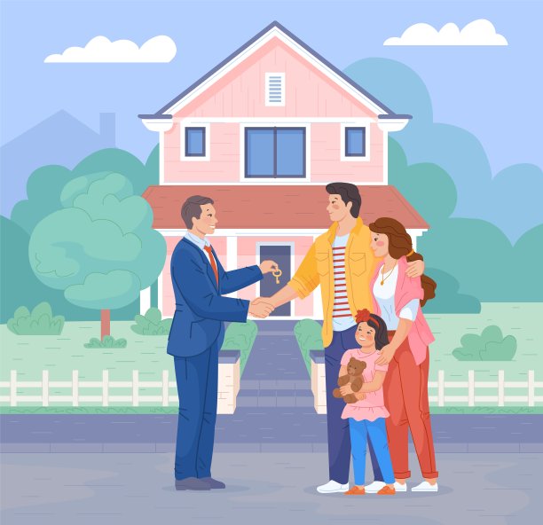 家庭买房。代理交易买房地产卖房子钥匙，幸福的夫妇买新房从房地产经纪人交易租赁经理，购买销售公寓时髦的矢量插图图片下载