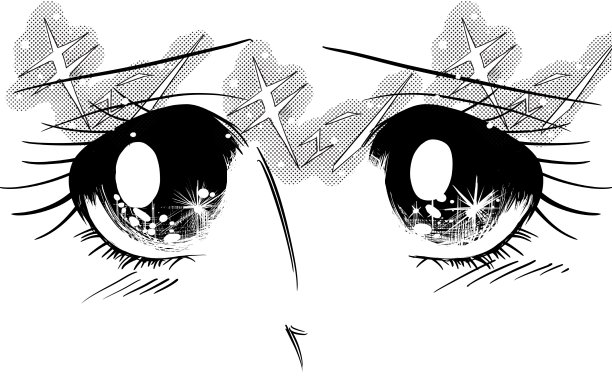 70年代的shoujo man一幅白色的黑色插画，画的是一个长着一双大眼睛的女孩，她凝视着眼睛闪闪发光的爱人。图片下载