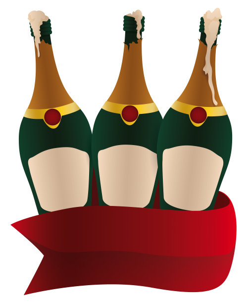 三瓶香槟与泡沫和红丝带，矢量插图图片下载