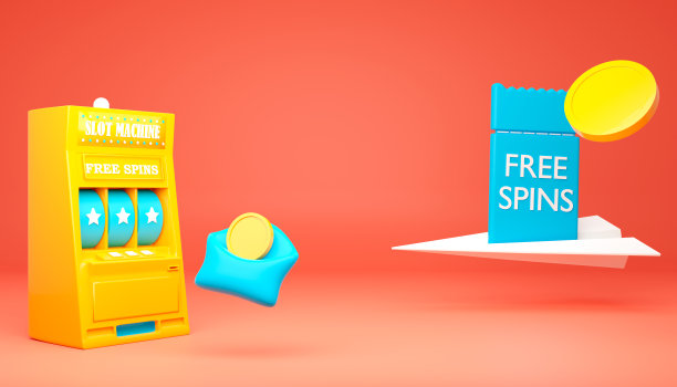 网上赌博的概念。3D老虎机，钱包与硬币和飞机与优惠券和自由旋转的三文鱼色背景。卡通风格。黄色和蓝色。赌博的概念设计。3 d渲染插图。图片下载
