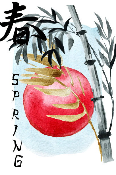 水彩剪纸艺术日本薄纺绸。松树、虫、竹，用墨汁和日红手绘。图片下载