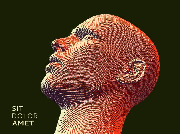 从立方体构造抽象数字人头。极简设计的商业演示，传单或海报。技术和机器人概念。体素的艺术。3 d矢量插图。图片下载