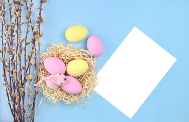 鸟巢与多色的鸡蛋和复活节兔子在一个蓝色的背景下柳树枝和白色的纸为文本。带有复制空间的复活节图片。图片下载