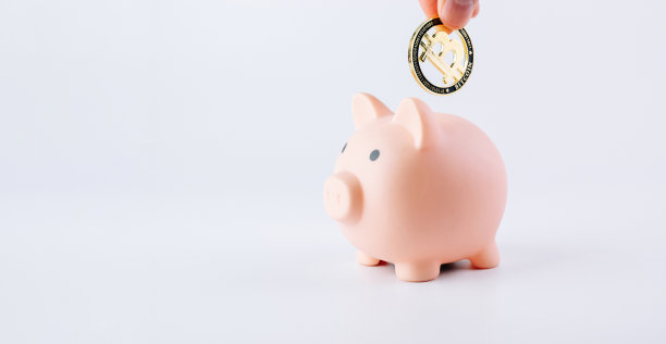 用比特币省钱。粉红色的猪银行与白色背景上的黄金比特币BTC。节约加密货币的虚拟货币概念。图片下载