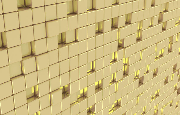 抽象几何形状的黄金立方体三维渲染。未来时尚光泽的金色背景。图片下载