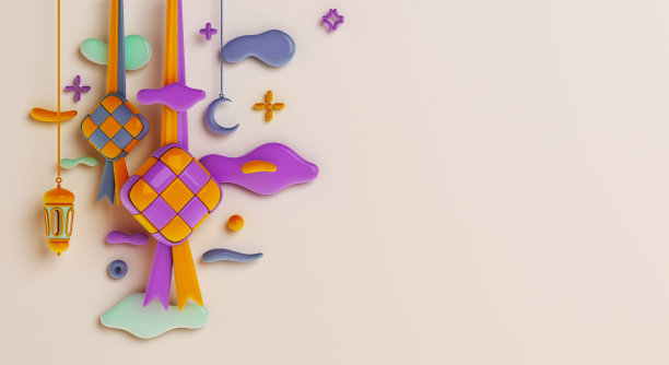 伊斯兰装饰背景与ketupat，新月，灯笼卡通风格，斋月卡里姆，开斋节，拷贝空间文本区域，3D插图。图片下载