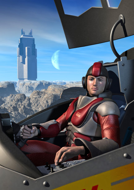 未来战士降落在外星星球，在背景山和塔，3d插图图片下载