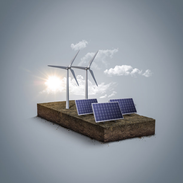 3d插图的风力涡轮机和太阳能电池板孤立。可再生能源隔离在土壤岛。微观世界的概念。图片下载
