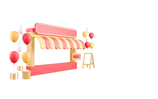 3d渲染商店前商店广告孤立在白色的商业设计。3d渲染插图卡通风格。图片下载