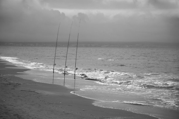 在一个多云的日子里，岸边的钓鱼竿图片下载