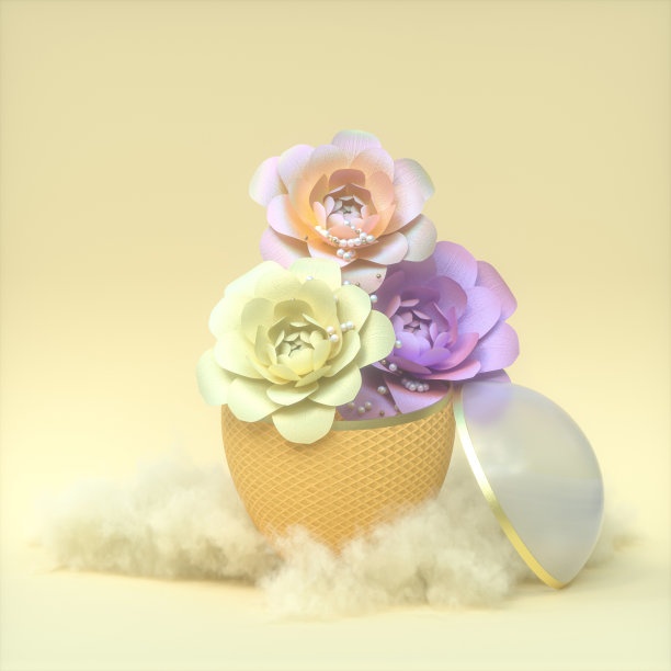 复活节彩蛋装饰与花朵和梦幻云背景。图片下载