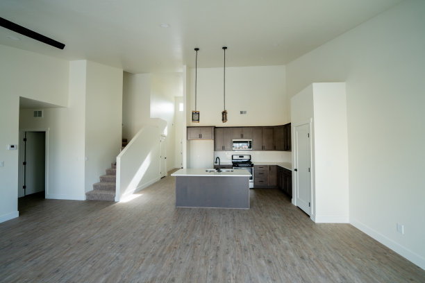 新的家庭室内开放式概念客厅，拱形天花板和现代照明良好的厨房和硬木地板图片下载