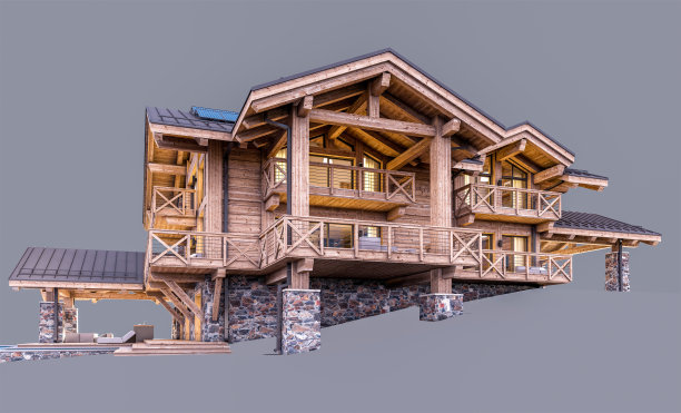 三维渲染的现代舒适的小木屋在晚上孤立的灰色图片下载