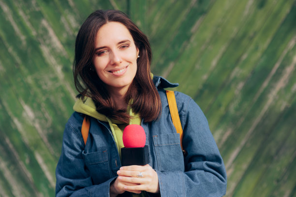 快乐微笑的记者手持麦克风的户外报道图片下载