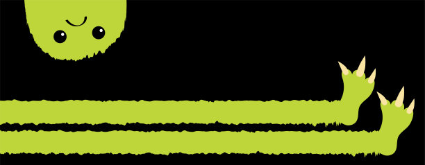 万圣节快乐。怪物的腿。腿长，脚上有指甲，爪子。坐在怪物。头看。绿色的皮毛。可爱可爱的卡通有趣的婴儿角色。平面设计。孤立。黑色背景。图片下载