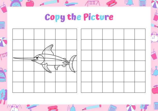 复制图片。剑座短剑鱼。儿童绘画活动。学龄前儿童的教育游戏。矢量插图。图片下载