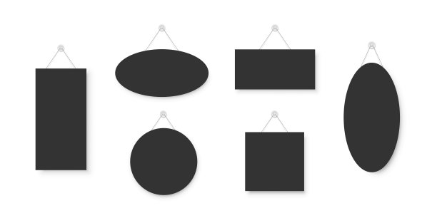 逼真的空空白黑色招牌挂在吸盘上。圆形、长方形、椭圆形和方形框架模板挂在墙上。价格标签模型。广告、促销孤立在白色上。图片下载