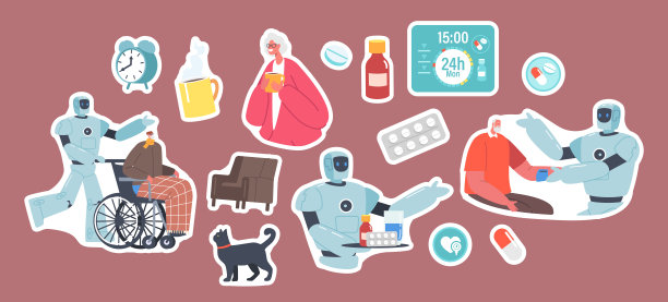 一套机器人帮助长者的贴纸。面向老年人的未来科技。Ai电子人与坐轮椅的老人同行图片下载