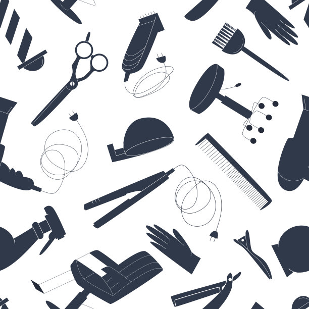 图案上的白色背景设备为理发师，理发师，发型师。无缝的、无止境的。平面向量插图。图片下载