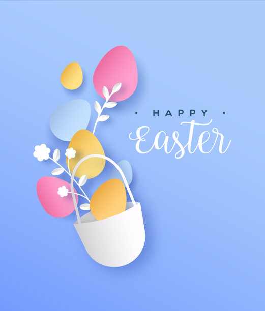 快乐的复活节剪纸篮子和彩色彩蛋图片下载