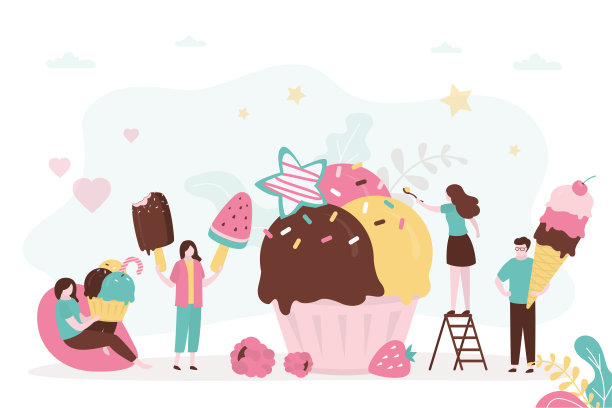 人们吃不同的夏季速冻甜点。一群年轻人在吃冰淇淋。快乐的女人在吃冰棒。帅哥吃美味的冰淇淋。美味的甜食。图片下载