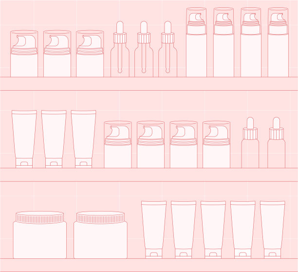化妆品商店货架上。包装集合。塑料瓶子陈列店。线条图化妆品插图图片下载