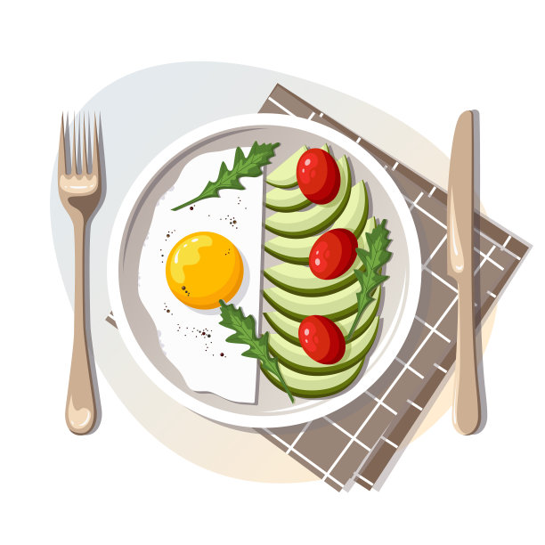 美味的早餐。一盘炒蛋，鳄梨，西红柿。图片下载