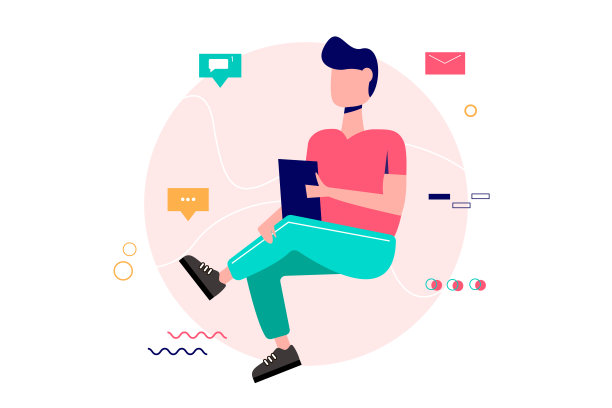 一个人在做平板电脑。远程工作的概念，在线工作，社交网络中的交流。插图孤立在白色背景上。图片下载