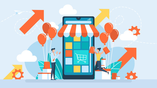 成功的网上购物。购买手机。隆重开幕的概念。新的网上商店，网站，帐户。典礼，庆典，展示和事件平面设计。商业插图。图片下载