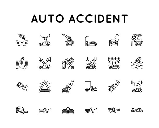 一组与车祸相关的矢量图标。矢量符号在简单的风格孤立在白色背景。图片下载