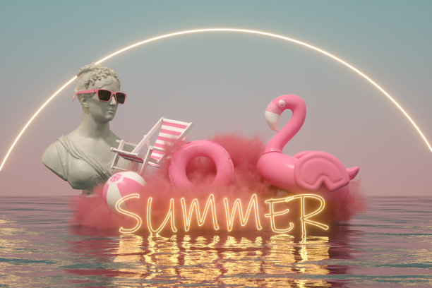 半身像雕塑云海上，夏日假日旅游背景与霓虹灯图片下载