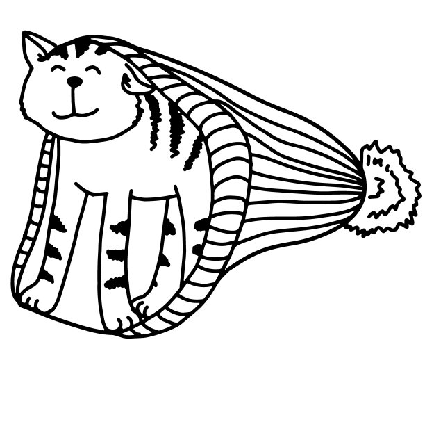画了用黑白线条手绘的有趣的条纹猫，画了爬上冬帽，露出愉快微笑的猫的轮廓图片下载