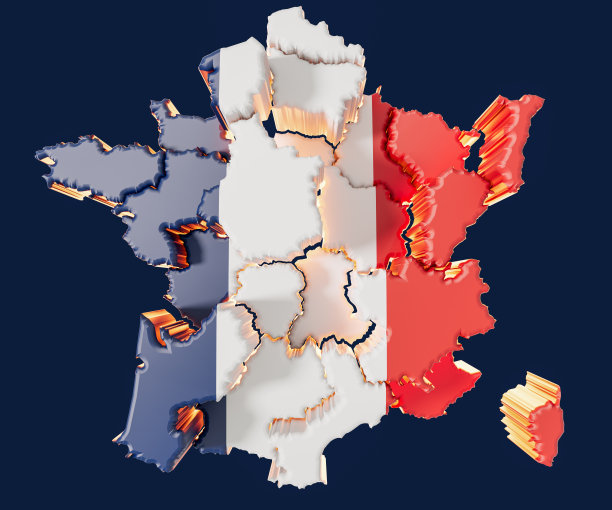 法国地图与偏移区域3D渲染图片下载