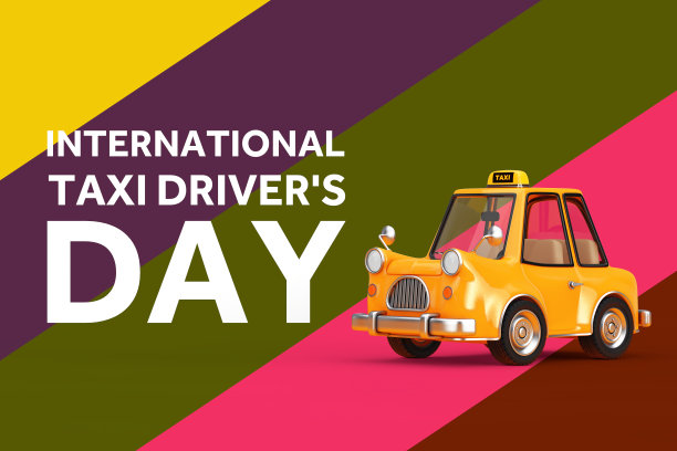 国际出租车司机日概念。黄色卡通出租车和国际出租车司机日标志。3d渲染图片下载