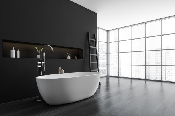 现代浴室内部与白色陶瓷浴缸。深灰色的墙壁和硬木地板。全景窗口。梯子。没有人。3 d渲染。图片下载