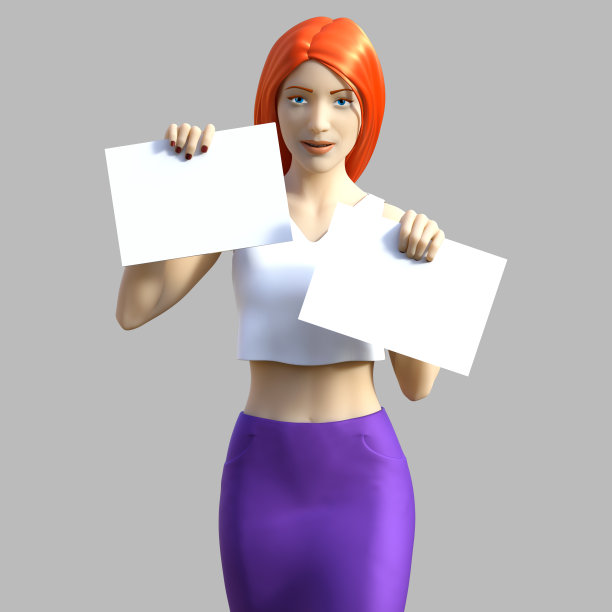 3d渲染插图的红发少女在灰色的背景。图片下载