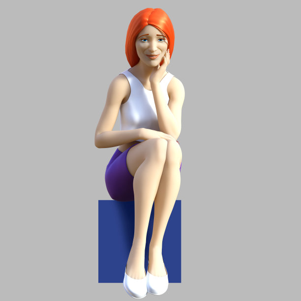 3d渲染插图的红发少女在灰色的背景。图片下载