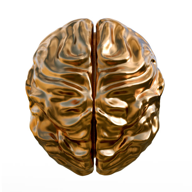 3d渲染插图的黄金人类大脑孤立在白色背景上。图片下载